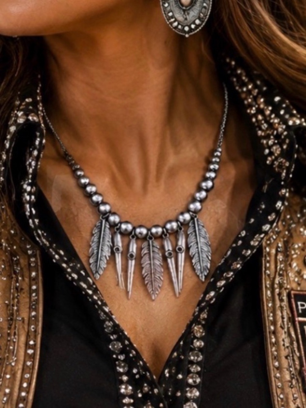 Silver look costume Feather & Spike Statement Necklace - Women Jewelry